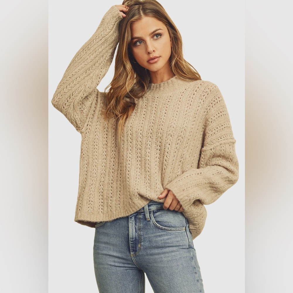 Open Knit Mock Neck Long Sleeve Sweater